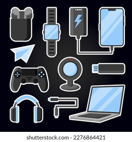 digital gadgets, modern electronics, stickers set, isolated cartoon objects.vector flat cartoon graphics