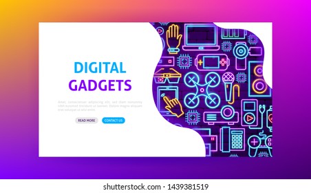 Digital Gadgets Neon Landing Page. Vector Illustration of Electronics Promotion.