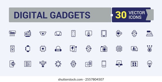 Digital Gadgets thin line icon set. Includes thin line icon, parts, display, pc, sound card, technology, keyboard and more. Minimalistic web and UI icons. Vector line and solid icons.