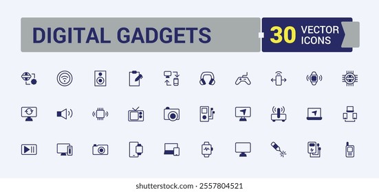 Digital Gadgets thin line icon set. Includes thin line icon, parts, display, pc, sound card, technology, keyboard and more. Minimalistic web and UI icons. Vector line and solid icons.