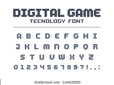 Digital game technology font. Geometric, futuristic, techno alphabet. Retro letters and numbers for video, computer, mobile app logo design. Pixel art, 8 bit electronic entertainment vector typeface