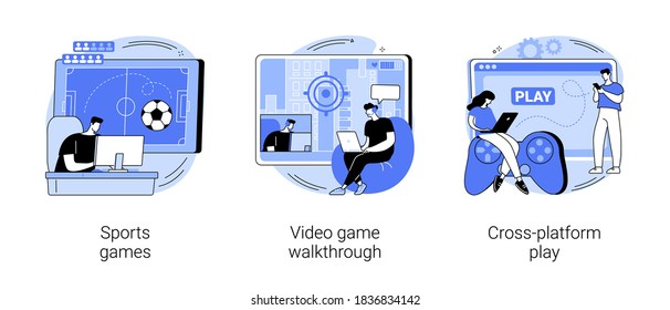 Digital gaming abstract concept vector illustration set. Sports games, video game walkthrough, cross-platform play, console playing, online multiplayer, e-sport league, streaming abstract metaphor.