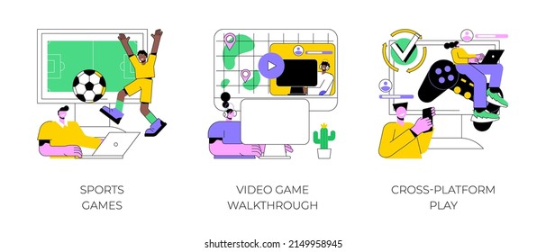 Digital gaming abstract concept vector illustration set. Sports games, video game walkthrough, cross-platform play, console playing, online multiplayer, e-sport league, streaming abstract metaphor.