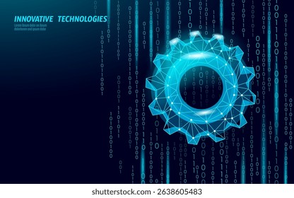 Digital gear binary code concept. Futuristic mechanism engineering technology low poly illustration. Software coding database networking implementation. Polygonal style dark blue background vector