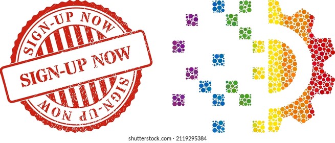 Digital gear generation collage icon of round dots in various sizes and spectrum color tints. Red round rubber seal stamp with Sign-Up Now phrase.