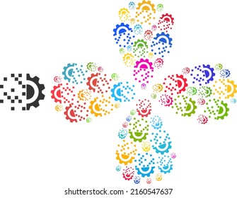 Digital gear generation icon multicolored exploding flower with 4 petals shape. Object flower created from random digital gear generation items. Vector flower icon collage in flat style.