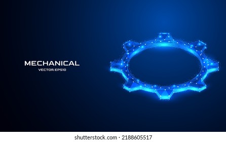 Malla azul poly baja de engranaje digital con líneas, concepto de estructura mecánica de conexión de puntos. Isometric view ilustration aísla sobre fondo blanco. Resumen Diseño de diseño de ingeniería de ruedas de cog en 3D.