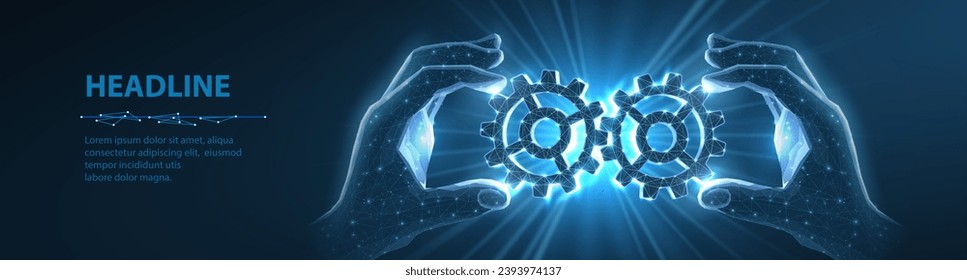 Digital gears in hands. Synergy partnership, Industry teamwork, Team innovation, Solve technology, Technical alliance, Partner engineering, Dream teamwork, AI collaboration, partnership concept