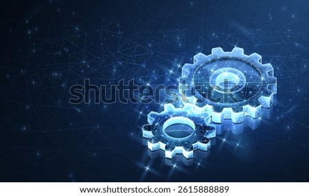 Digital gears on blue. Engineer blueprint, technology innovation, motor engine, gear 3d model, technical machinery, future mechanic, cog in mechanical system, engine concept.