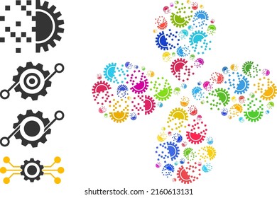 Digitales Getriebe Radgenerierung Symbol farbige Twirl Blume mit 4 Blütenblättern Form. Elementblume kombiniert mit verstreuten Symbolen für die Generierung digitaler Getriebe. Vektorblumensymbol-Collage im flachen Stil.