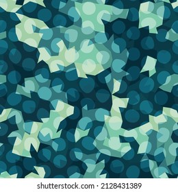 Digital geoemtric polygonal camouflage seamless pattern texture. Abstract stylish marine water military endless background. Sea blue and coast sand halftone colors vector illustration.