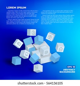 Digital geometric concept with text 3d cubes business icons on blue background isolated vector illustration