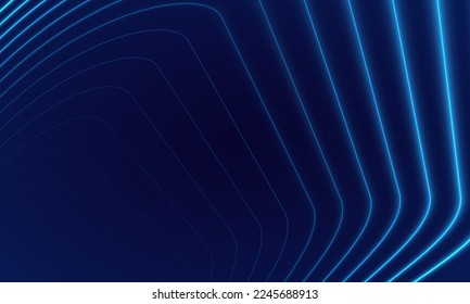 Digital geometric elements abstract vector background. Dark blue background. Modern line stripes curve abstract Luxury presentation background. Glowing neon lighting cosmic vibrant blue color tunnel