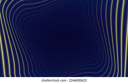 Digital geometric elements abstract vector background. Dark blue background. Modern line stripes curve abstract Luxury presentation background. Glowing neon lighting cosmic vibrant yellow color tunnel