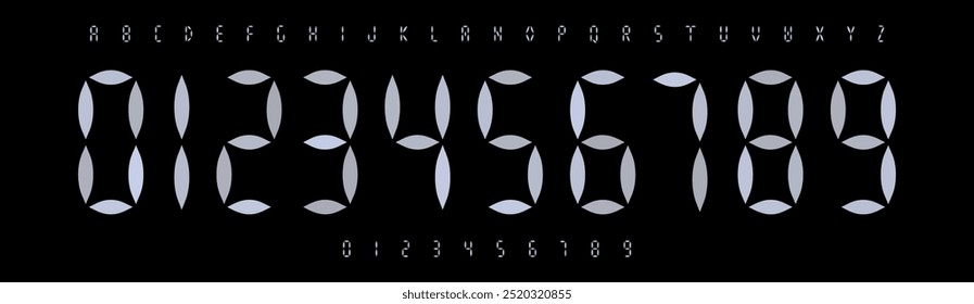 Digital geometric font, clean segmented design mimicking LED displays. Minimalist style alphabet for futuristic and tech themes, sports branding, jersey numbers, team merchandise. Vector typeset