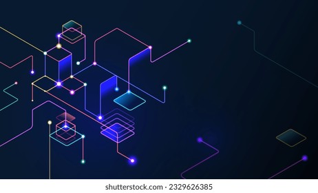 Elementos del patrón de línea de la línea de la tecnología geométrica del neón geométrico digital abstraen el fondo oscuro