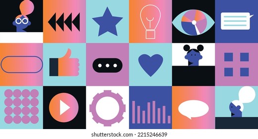 Digital geometric tech elements abstract vector. Flat icons set future technology, artificial intelligence. Hipster style, pictogram, outline elements. Concept for web, logo, branding, infographics.