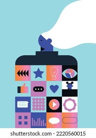 Digital geometric woman and tech elements abstract vector. Flat icons set future technology, artificial intelligence. Hipster style, pictogram, outline elements. 