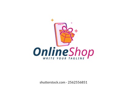 Digital Gift Box Logo Design. Modern E-Commerce with Smartphone and Gift Box Combination. Vector Illustration.