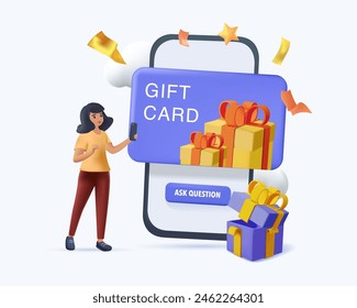 Digital gift card abstract concept 3D vector illustration. Mobile store app, digital gift idea, buying certificate online, prepaid present, buy from home, electronic voucher abstract metaphor