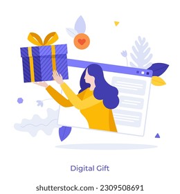 Digital Gift flat concept vector illustration. Online marketing strategy. Scene with company customer bonus cartoon character for web design. Creative idea for website, mobile and presentation