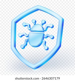 Digital glass shield icon with bug inside, representing cybersecurity and protection against online threats. isolated on transparent background. 3D vector illustration.