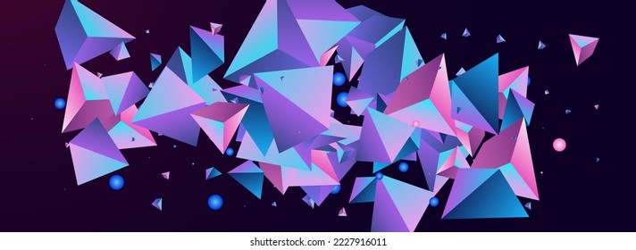 Digital Glass Vector Panoramic Dark Violet Background. Rainbow Technology Polyhedron Decoration. Unicorn Scattered Elements Flyer. Holographic Pyramid Modern Pattern.