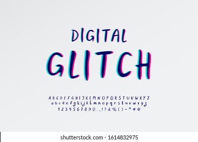 Digital glitch Alphabet. Script hand drawn vector typeface with stereo color effect. Uppercase and lowercase letters, numbers, marks. Abstract font for technical style design