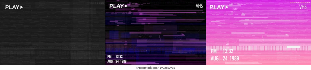 Digital glitch background collection in retrofuturism style. Glitched VHS video screen. Distorted trendy texture set. Vector illustrations with noise, glitch, vhs, no signal TV. Vector illustrations