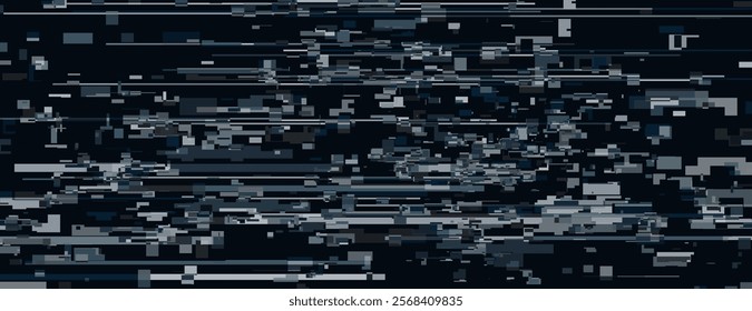 A digital glitch background with a pixelated style. The background is black and gray, featuring a textured, abstract pattern. Background effect. Abstract pixelate glitch digital background vector.