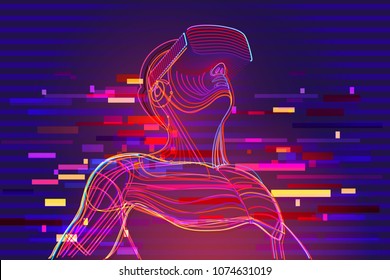 Digital Glitch Effect In Abstract Virtual Reality. Man Wearing Vr Glasses. Vector Illustration