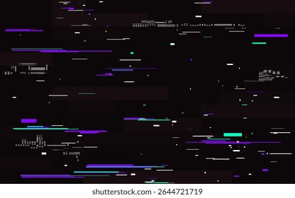 Digitaler Glitch-Effekt mit violetten und grünen Linien. Weiße Verzerrungselemente auf schwarzem Hintergrund. Fehlerhaftes Videosignal. Futuristische Tech-Fehler-Bildschirm. Abstraktes Pixelrauschen. Vektorgrafik.