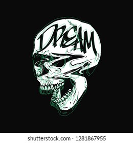 Digital glitch screaming embroidery skull illustration. - Illustration