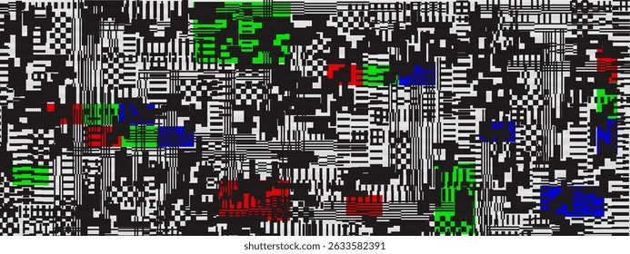 Digitale Glitch-Textur mit pixeliertem Rauschen und verzerrten Linien. Abstrakter TV-Fehlerhintergrund im Vintage-Stil mit statischen Bildschirmstörungen.