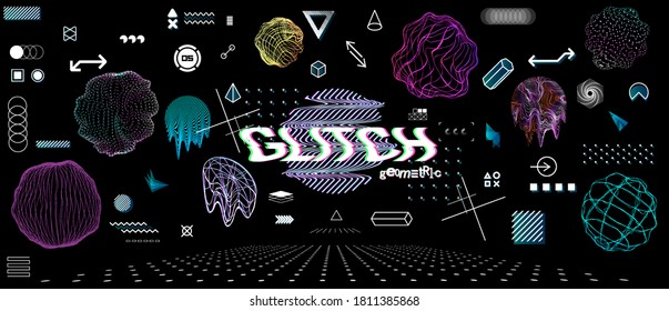 Digital glitch universal modern shapes and spheres. Modern universal elements vaporwave, memphis and retrofuturism in cyberpunk style. Abstract shapes for web design, poster, banner, flyers. Vector