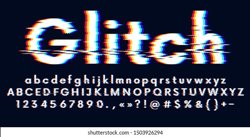 Digital glitched alphabet distorted screen error effect, Latin uppercase and lowercase letters Glitch typeface, vector illustration