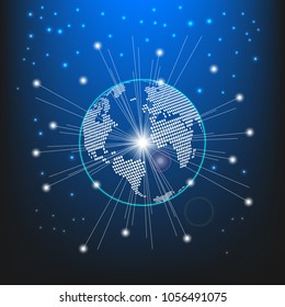 digital global connect with dot world map and sun rays, technology concept, vector design