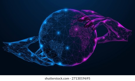 Governação digital global. Duas mãos seguram e interagem com o planeta. O conceito de gestão de dados, ciberespaço e coordenação global.