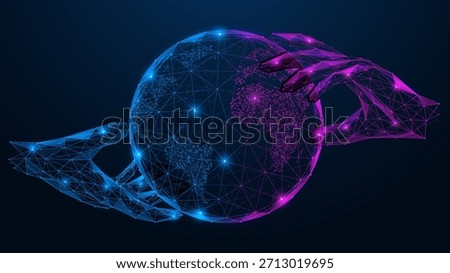 Digital global governance. Two hands hold and interact with the planet. The concept of data management, cyberspace and global coordination.