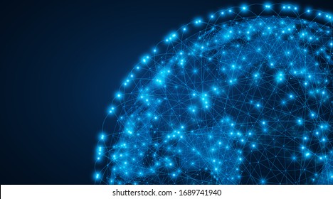 Digital global network. High-speed data transfer technology. The world wide web. Polygonal map of the world. Blue background.