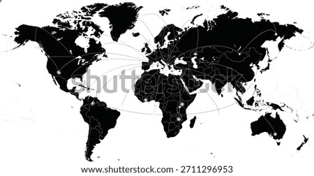 Digital Global Network Map: High-Contrast BlackandWhite World Map with Central European Connection Hub