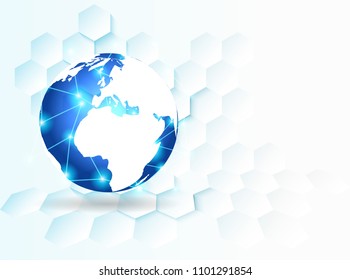 Digital global technology concept . Blue global on hexagon futuristic technology .abstract background