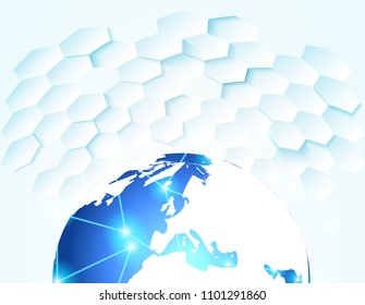 Digital global technology concept . Blue global on hexagon futuristic technology .abstract background
