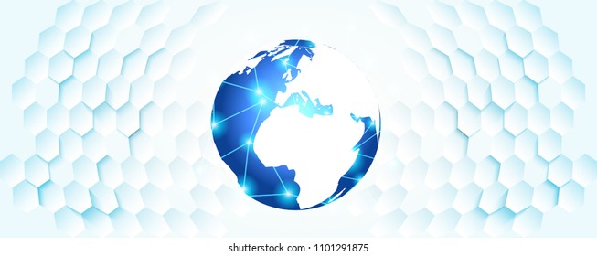 Digital global technology concept . Blue global on hexagon futuristic technology .abstract background