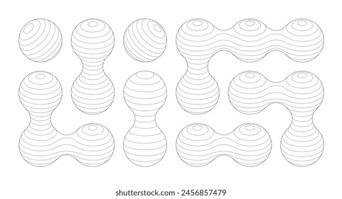 Digital globe 3d circles connected into soft spherical shapes. Latitude and longitude planet vortex mesh. Bend and curved orb set. Morphing balls twirl form.