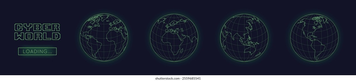 Digital Globe Earth set in cyber style. Wireframe globes with grid showcasing continents: Europe, Asia, Africa, and America. Futuristic neon green design on a dark background. Vector illustration