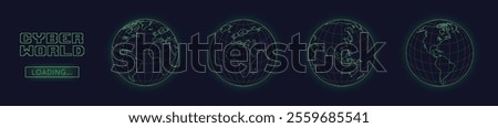 Digital Globe Earth set in cyber style. Wireframe globes with grid showcasing continents: Europe, Asia, Africa, and America. Futuristic neon green design on a dark background. Vector illustration