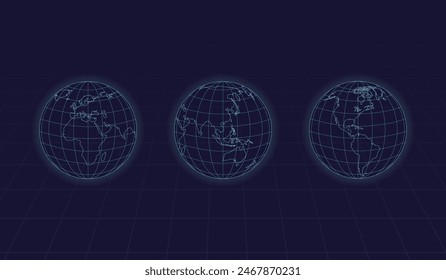 Digital Globe Earth set. Cyberpunk graphic. Europe, Asia, America globe map. Earth globe icons. Vector illustration.