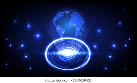 Globo digital e interface HUD holográfica brilhando em azul, representando a conectividade global, fluxo de dados e tecnologia avançada