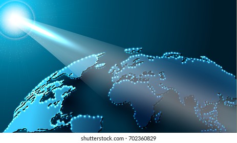 Digital Globe Map in Space Shined with Sun Beam. Technological Progress Concept. 3D Vector Illustration